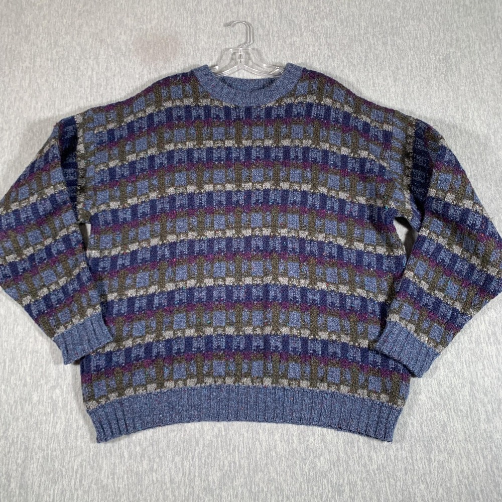 Vintage ALPS Sweater‎ Mens XL Blue Geometric Crewneck Wool Blend Made USA 80s